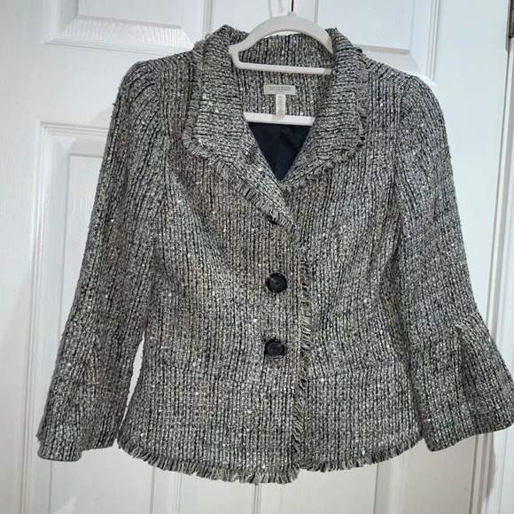 Madison wool blend tweed button front jacket Sz 2P fringe trim bell cuffs - Picture 1 of 8
